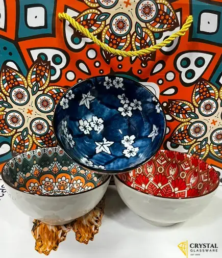 6-piece set of ceramic bowls are featured in vibrant multi-colored